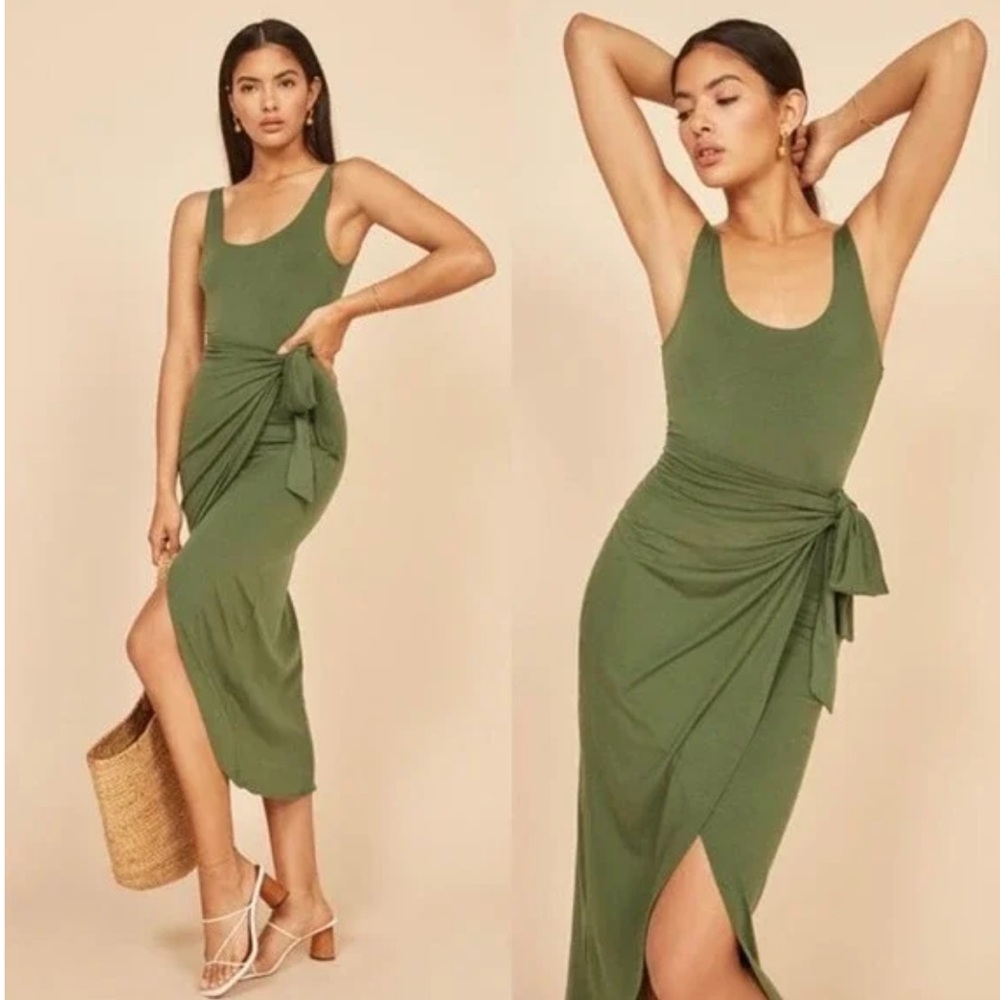 Reformation Sleeveless Kaila Knit Jersey Wrap Midi Dress Moss Green Women's XS